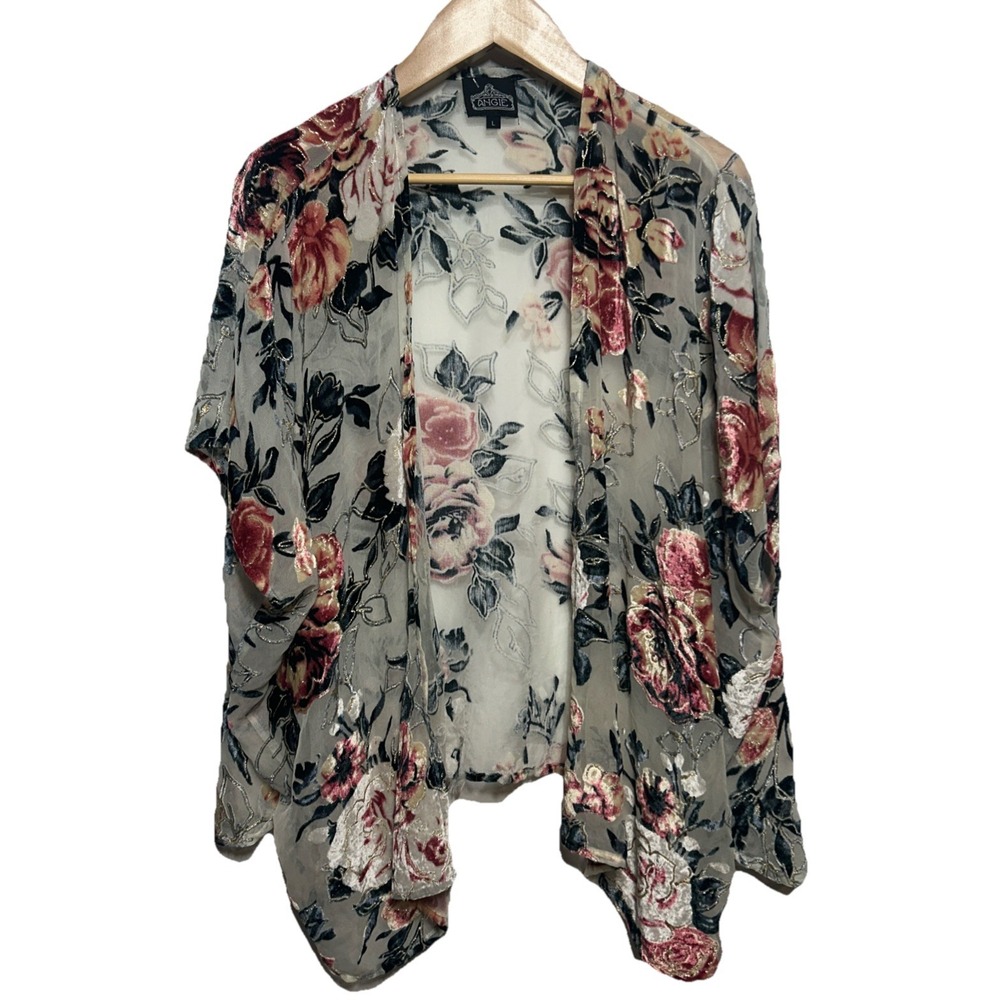 Angie Mini Kimono Open Shawl‎ Sheer Ivory Blue Pink Sparkle Floral Sz Large